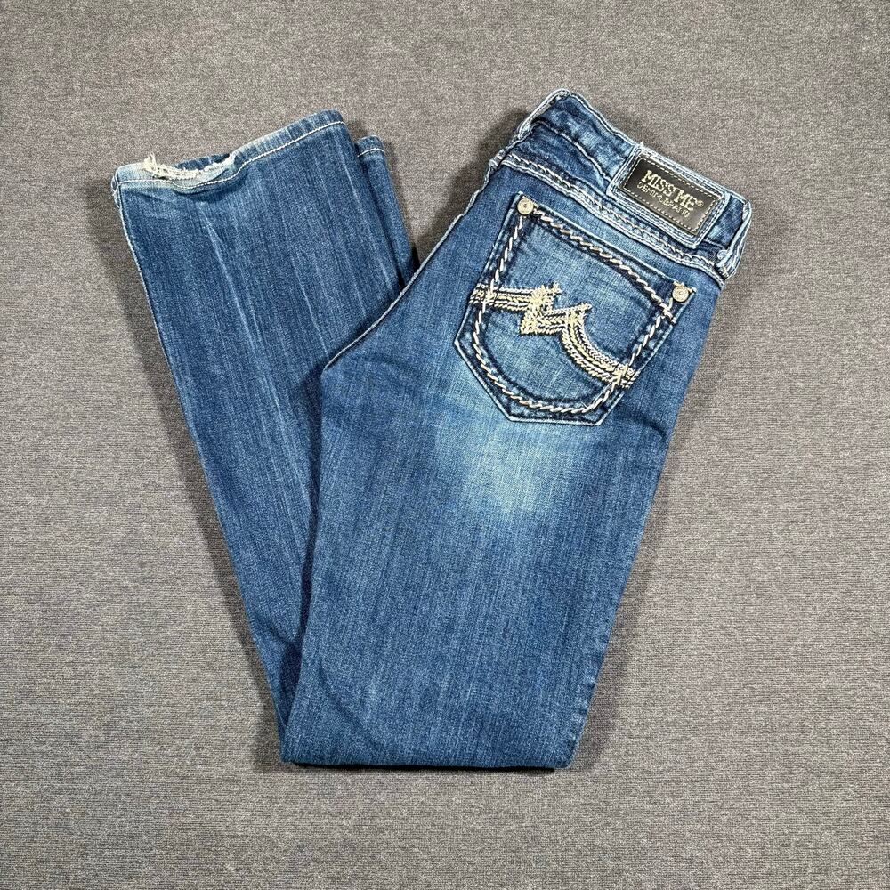 Y2K Miss Me Bootcut Flare Jeans Rockstar GF Size 31 Low Rise Darkwash Denim